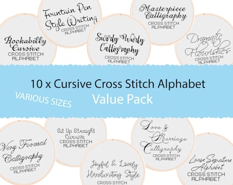 10 Cursive and Calligraphy Cross Stitch Alphabets - Bundle of Calligraphy Cross Stitch Fonts for DIY Patterns. Alphabets for Cross Stitching