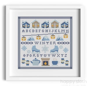 Winter Sampler Cross Stitch Pattern / Inspired by Scandi Cross Stitch Patterns / Seasonal Cross Stitch / Winter Snowflakes, Fires, Skates