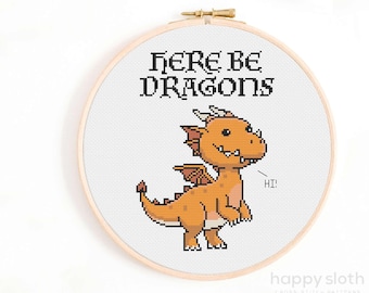 Here Be Dragons Cross Stitch Pattern - DnD Cross Stitch Pattern - Fantasy Fiction Dragon Cross Stitch - Funny Cute Dragon Pattern