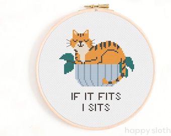 If it Fits, I Sit Cross Stitch Pattern - Cat in a Planter Cross Stitch Pattern - Fat Cat Meme Cross Stitch