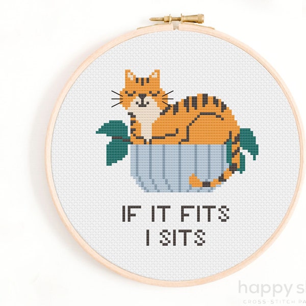 If it Fits, I Sit Cross Stitch Pattern - Cat in a Planter Cross Stitch Pattern - Fat Cat Meme Cross Stitch