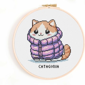 Cat in Puffer Jacket Cross Stitch Pattern: Funny Animal Chart (Digital Download)