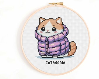 Catagonia Cross Stitch Pattern - Cat Wearing a Puffer Jacket - Funny Cat in Clothes Cross Stitch Chart Download