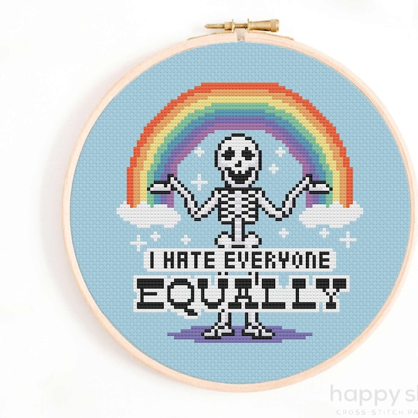 I Hate Everyone Equally Cross Stitch Pattern. Funny Skeleton Cross Stitch Chart. PDF Instant Download