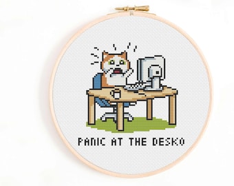 Funny Cat Cross Stitch Pattern: Panic at the Desko (Digital Download)