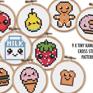 9 x kleine Kawaii Essen Kreuzstichmuster / 2 inch Kreuzstichmuster / Mini Kreuzstich PDF / Obst, Donut, Milch Bundle Kreuzstich