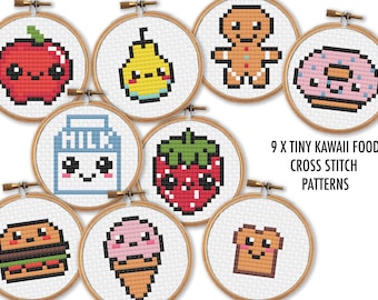 9 x Tiny Kawaii Food Cross Stitch Charts / 2 inch Cross Stitch Patterns / Mini Cross Stitch PDF / Fruit, Donut, Milk Bundle Cross Stitch