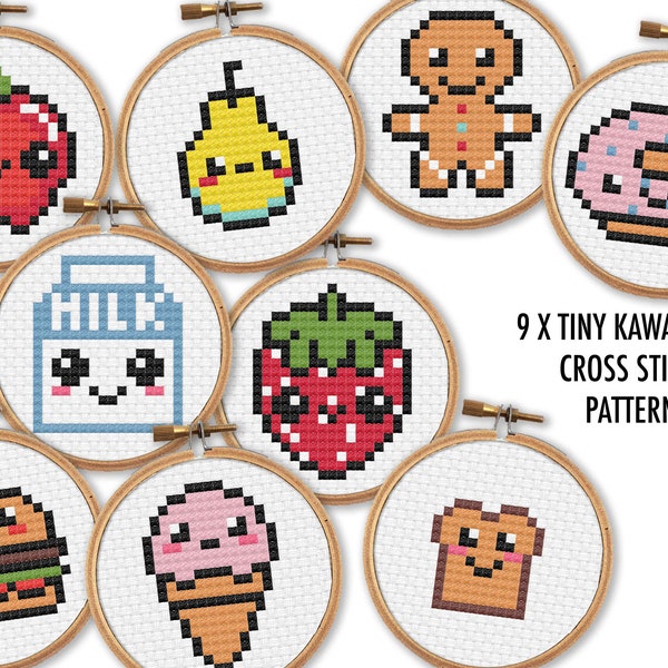 9 x Tiny Kawaii Food Cross Stitch Charts / 2 inch Cross Stitch Patterns / Mini Cross Stitch PDF / Fruit, Donut, Milk Bundle Cross Stitch