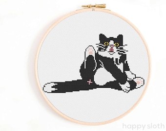 Patrón de punto de cruz de trasero de gato: Gato lamiendo (Descarga digital)
