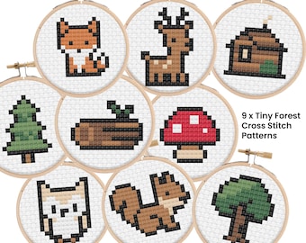 1.5インチの小さな森の生き物クロスステッチ図案：9種類の小さなパターン（PDF）