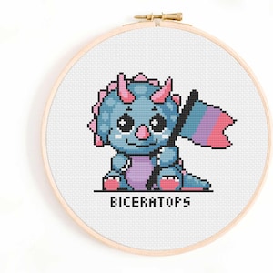 Pode incluir: Um padrão de ponto cruz com um triceratops de desenho animado azul e rosa segurando uma bandeira com as cores do orgulho bissexual. O texto "Biceratops" está abaixo da imagem.