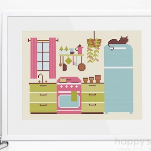 Vintage Kitchen Cross Stitch Pattern - Mid Century Furniture Cross Stitch Pattern - Retro Kitchenware 1950s 1960s