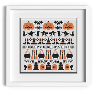 Halloween Sampler Cross Stitch Pattern / Inspired by Scandi Cross Stitch Patterns / Spooky Cross Stitch Pattern / Bats Witches Pumpkins Cats