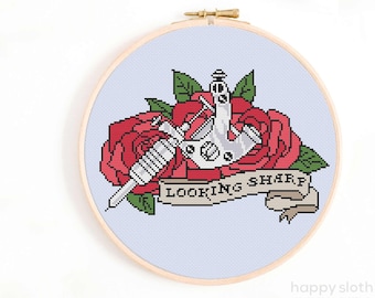 Looking Sharp Tattoo Gun Cross Stitch Pattern - Tattoo Artist Cross Stitch Chart - Funny Cross Stitch - Tattoo Style Roses Cross Stitch