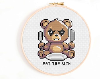 Eat the Rich Teddy Bear Cross Stitch Pattern (Digital Download)
