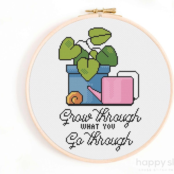 Grow Through What You Go Through / Plant Cross Stitch Pattern / Philodendron Monstera Cross Stitch PDF