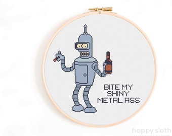 Bender - Bite My Shiny Metal Ass Cross Stitch Pattern - Funny Cross Stitch Pattern - Meme, Bender Cross Stitch Chart