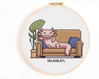 Relaxolotl Axolotl Cross Stitch Pattern - Funny Animal on a Soft (Digital Download)