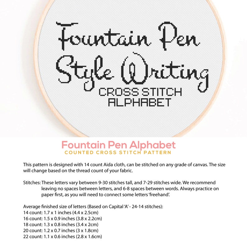 Puede incluir: Un patr&oacute;n de punto de cruz en blanco y negro para un alfabeto de estilo pluma estilogr&aacute;fica. El patr&oacute;n est&aacute; dise&ntilde;ado para tela Aida de 14 puntos y se puede bordar en cualquier tipo de lienzo. El tama&ntilde;o cambiar&aacute; seg&uacute;n el n&uacute;mero de hilos de la tela. El patr&oacute;n incluye instrucciones para el tama&ntilde;o final promedio de las letras basado en la may&uacute;scula 'A' en tela Aida de 14, 16, 18, 20 y 22 puntos.