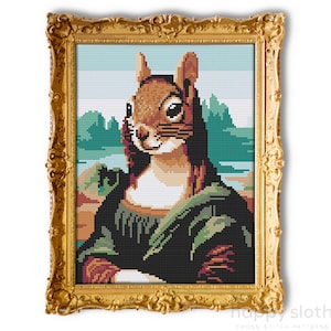 May include: A cross stitch pattern of a squirrel in the style of the Mona Lisa painting. The squirrel is brown with a white chest and is wearing a green and black dress. The background is a blue and green landscape.