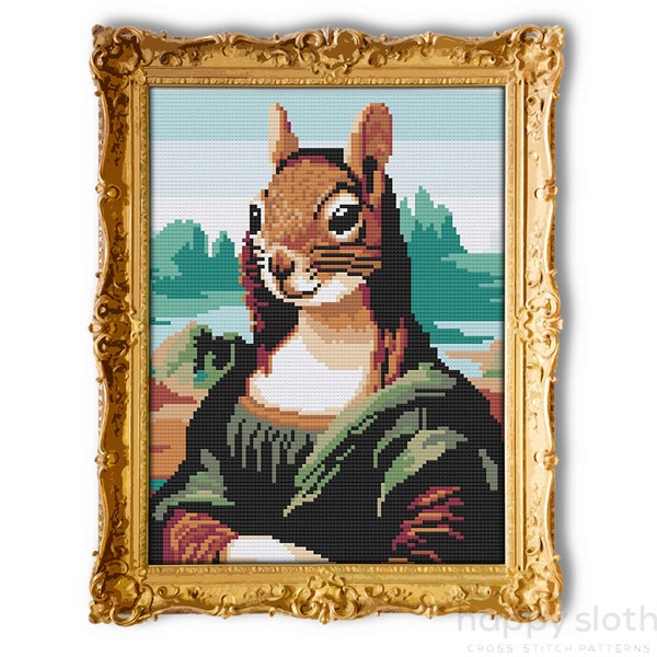 Squirrel Lisa Cross Stitch Pattern -  Funny Animal Cross Stitch Chart - Art History Cross Stitch - Famous Artworks - Da Vinci