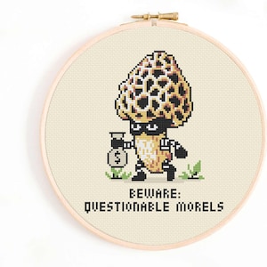 Puede incluir: Bordado de punto de cruz en un aro de madera con un personaje de hongo pixelado sosteniendo una bolsa de dinero. El texto "BEWARE: QUESTIONABLE MORELS" está debajo. El diseño está sobre una tela color crema.