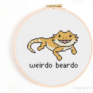 May include: Cross stitch pattern featuring a cartoon bearded dragon with the text "weirdo beardo".