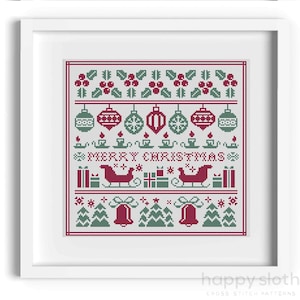 May include: A cross stitch pattern featuring a festive Christmas scene with red and green ornaments, a sleigh, presents, and the text "Merry Christmas".