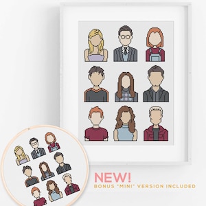 May include: Cross stitch pattern featuring 12 pixelated portraits of characters from the TV show Buffy the Vampire Slayer. The pattern includes Buffy Summers, Willow Rosenberg, Xander Harris, Cordelia Chase, Angel, Spike, Faith Lehane, Oz, Anya, Tara Maclay, Dawn Summers, and Riley Finn.