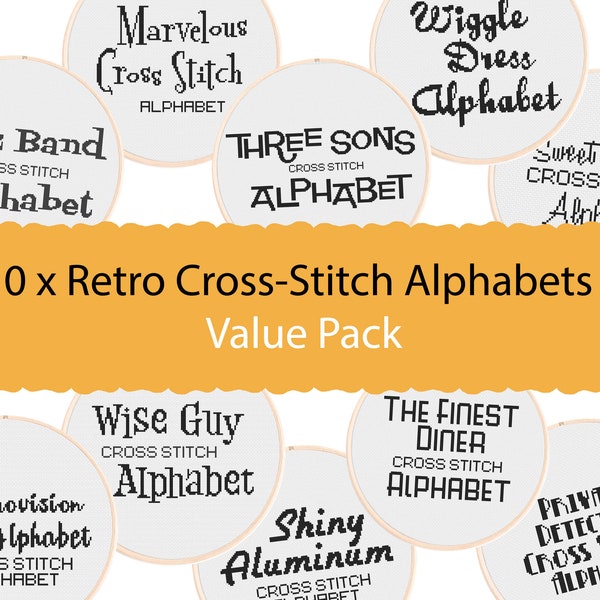 10 Retro Cross Stitch Alphabets - Value Pack of Mid Century Cross Stitch Fonts, for DIY Patterns. Vintage Alphabets for Cross Stitching.