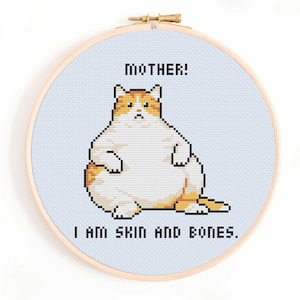 May include: A cross-stitch embroidery in a wooden hoop shows a pixelated, orange and white cat with the text "MOTHER! I AM SKIN AND BONES." The cat has a sad expression and sits on a light blue background.