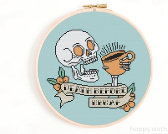 Death Before Decaf Cross Stitch Pattern - Espresso Cross Stitch - Funny Cross Stitch, Coffee Cross Stitch