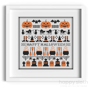 Halloween Sampler Cross Stitch Pattern / Inspired by Scandi Cross Stitch Patterns / Spooky Cross Stitch Pattern / Bats Witches Pumpkins Cats