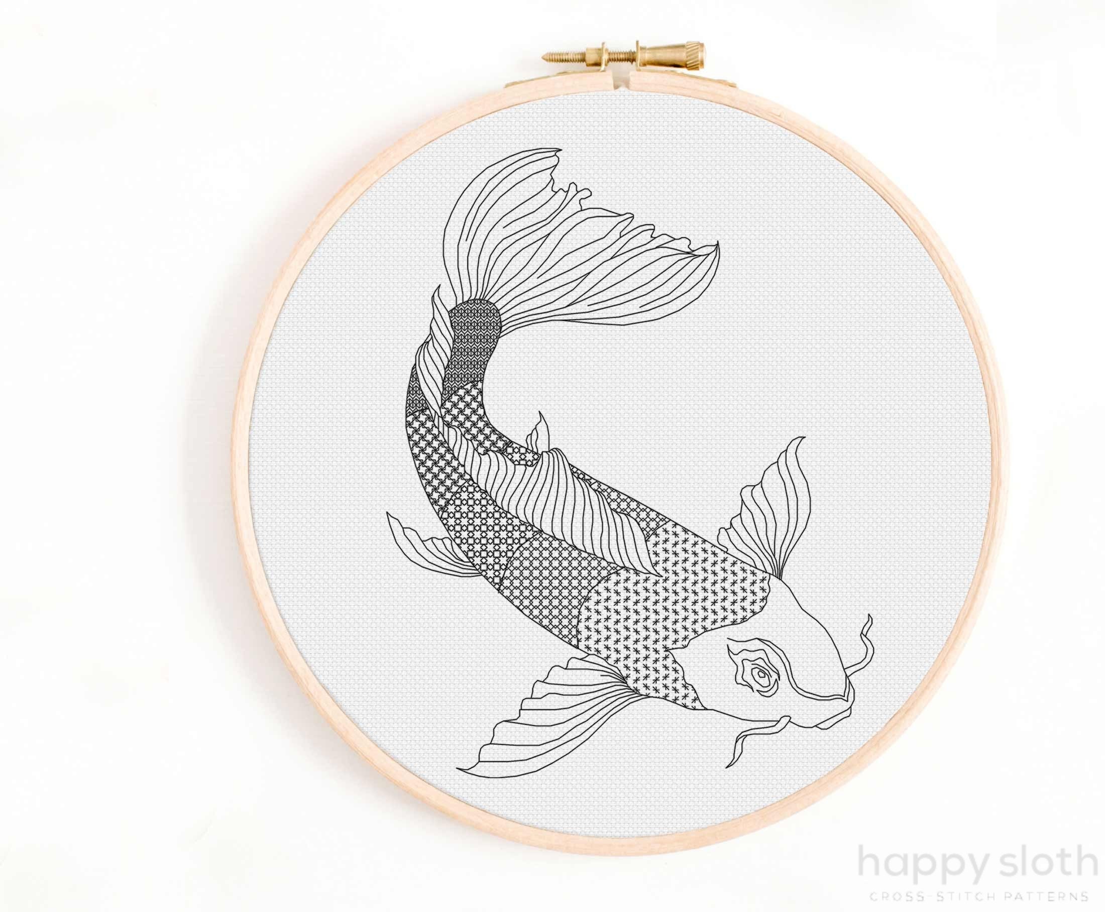 鯉のブラックワーク刺繍パターン：日本のクロスステッチ（デジタル