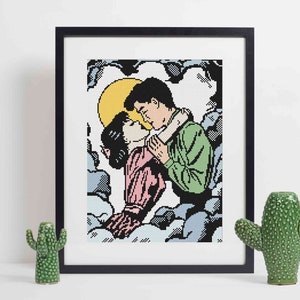 Il bacio - Schema punto croce in stile fumetto retrò / Schema punto croce Pop Art / Punto croce sarcastico / Romanticismo vintage