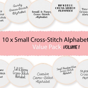 Vol 1! 10 Small Cross Stitch Alphabets - Value Pack of Simple Cross Stitch Fonts, for DIY Patterns. Tiny Alphabets for Cross Stitching.