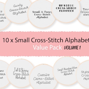 Vol 1! 10 Small Cross Stitch Alphabets - Value Pack of Simple Cross Stitch Fonts, for DIY Patterns. Tiny Alphabets for Cross Stitching.