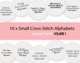 Vol 1! 10 Small Cross Stitch Alphabets - Value Pack of Simple Cross Stitch Fonts, for DIY Patterns. Tiny Alphabets for Cross Stitching.
