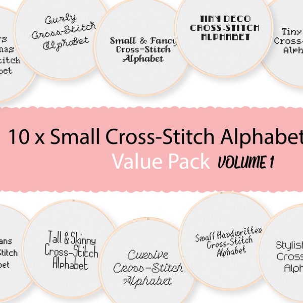 Vol 1! 10 Small Cross Stitch Alphabets - Value Pack of Simple Cross Stitch Fonts, for DIY Patterns. Tiny Alphabets for Cross Stitching.