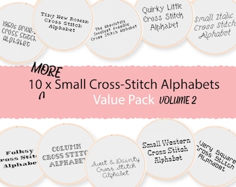 Vol. 2! 10 Small Cross Stitch Alphabets - Value Pack of Simple Cross Stitch Fonts, for DIY Patterns. Tiny Alphabets for Cross Stitching.