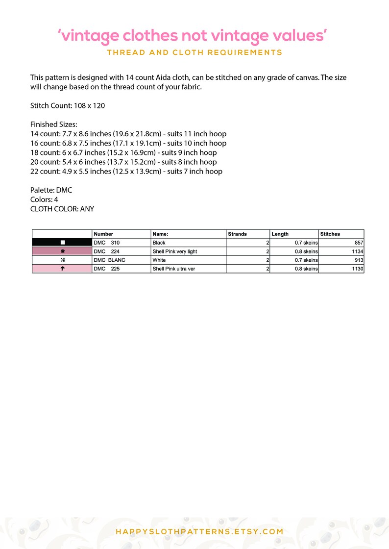 May include: A chart showing the thread and fabric requirements for a cross stitch pattern. The pattern is designed for 14 count Aida cloth and can be stitched on any grade of canvas. The chart shows the finished size of the pattern for different counts of Aida cloth, from 14 count to 22 count. The chart also shows the DMC floss colours needed for the pattern, along with the number of strands and skeins needed for each colour. The chart includes the text 'vintage clothes not vintage values'.