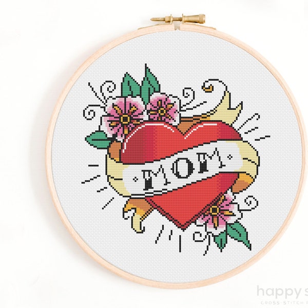 Mom Classic Tattoo Cross Stitch Pattern - Sailor Tattoo Cross Stitch - Mother Loveheart Cross Stitch, Mom Heart Tattoo Cross Stitch