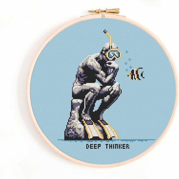 Deep Thinker Cross Stitch Pattern -  Funny Art-History Cross Stitch Chart - The Thinker Auguste Rodin