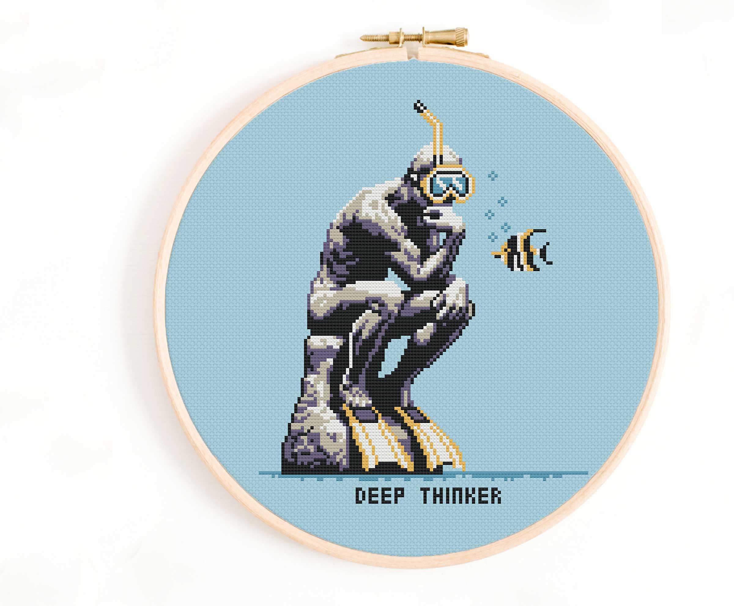 Funny Deep Thinker Cross Stitch Pattern: Scuba Diver Rodin