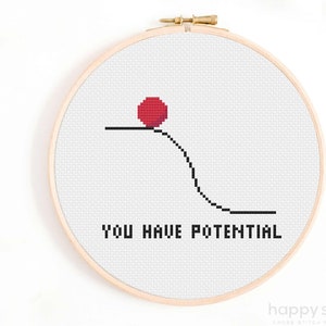 May include: A white embroidery hoop with a red circle on a black line that curves down. The text "YOU HAVE POTENTIAL" is below the line.