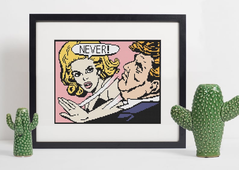 Puede incluir: Una impresi&oacute;n enmarcada de estilo pop art de una mujer con cabello rubio que le dice "&iexcl;NUNCA!" a un hombre con cabello casta&ntilde;o. La mujer lleva un vestido negro y el hombre lleva un traje azul.