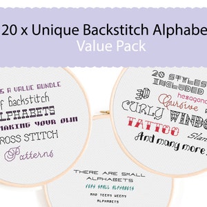 20 種類のユニークなバックステッチ アルファベット - DIY パターン用のバックステッチ クロスステッチ フォントのお得なパック。クロスステッチ用の小さなアルファベット。