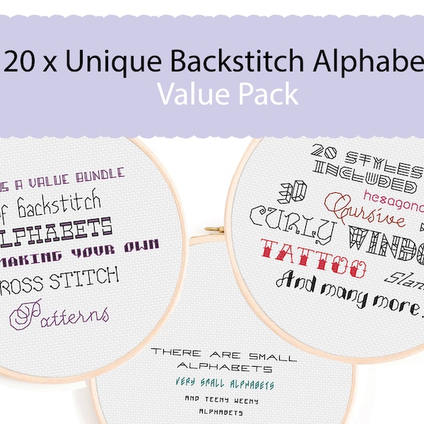 20 einzigartige Backstitch Alphabete - Vorteilspackung mit Backstitch Cross Stitch Schriftarten, für DIY-Muster. Kleine Alphabete zum Sticken.