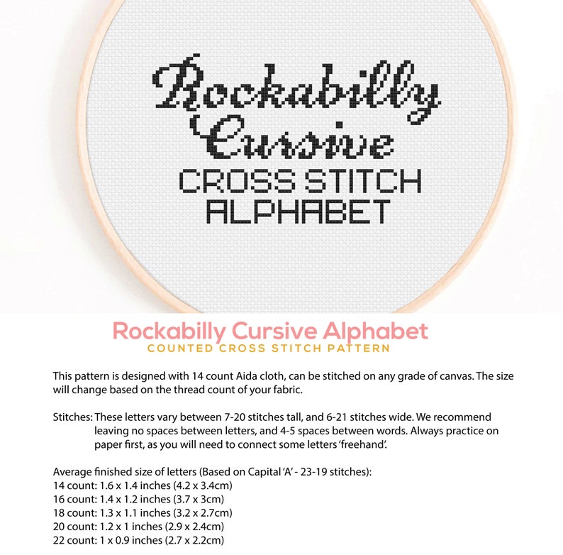 Puede incluir: Un patr&oacute;n de punto de cruz en blanco y negro para un alfabeto cursivo rockabilly. El patr&oacute;n est&aacute; dise&ntilde;ado para tela Aida de 14 puntos y se puede bordar en cualquier tipo de lienzo. El tama&ntilde;o cambiar&aacute; seg&uacute;n el n&uacute;mero de hilos de la tela. El patr&oacute;n incluye instrucciones para el tama&ntilde;o final promedio de las letras basado en la may&uacute;scula 'A' en puntos. Los tama&ntilde;os se indican en pulgadas y cent&iacute;metros.