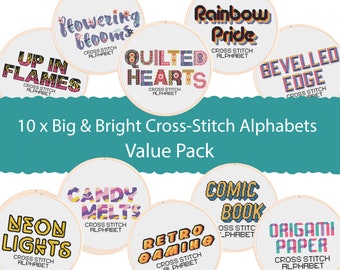Cross Stitch Alphabet Patterns: Colorful Fonts Value Pack (Digital Download)